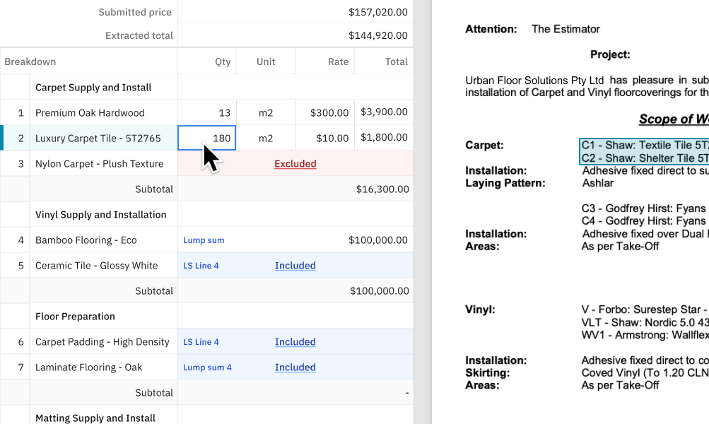 Review extracted prices side-by-side with the source PDF