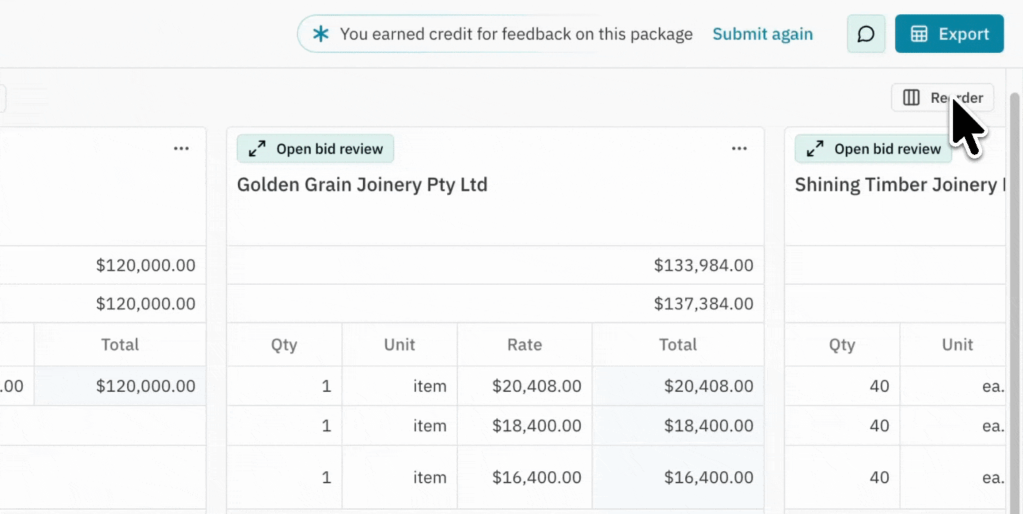 Reorder bids, and Jump to PDF source